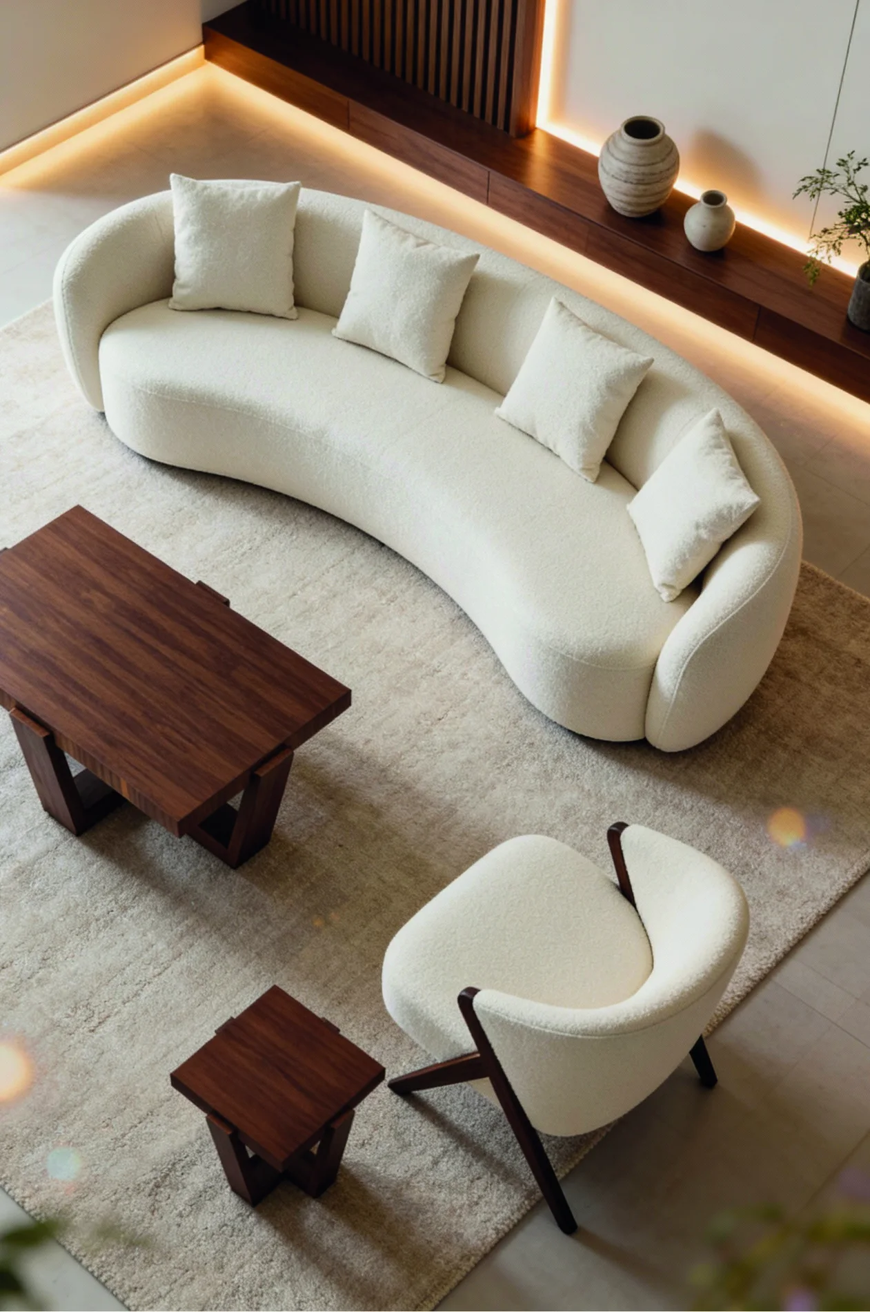 Ambiance lounge du catalogue CLICLOC, canapé courbe et fauteuils clairs autour d’une table en bois